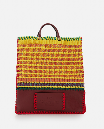 Shop Valentino Garavani Vg Crochet Leather Flat Tote Bag In Brown