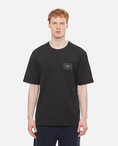 Shop Fendi Applied Patch Cotton T-shirt In Black