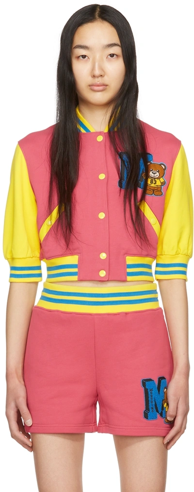 Shop Moschino Pink Varsity Bomber Jacket In A3206 Pink