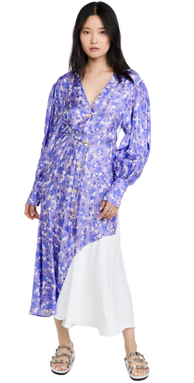 Shop Brøgger Elsie Silk Twill Midi Dress In Purple/white