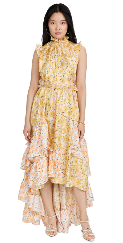 Shop Brøgger Lisbet Gown Silk Twill Dress In Yellow/orange Floral