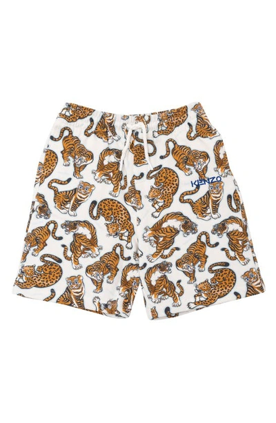 Shop Kenzo Kids' Tiger & Leopard Print Drawstring Cotton Fleece Shorts In Off White