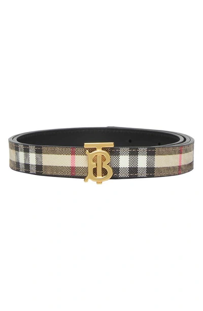 Shop Burberry Tb 20 Reversible Check & Leather Belt In Beige/ Black/ Gold