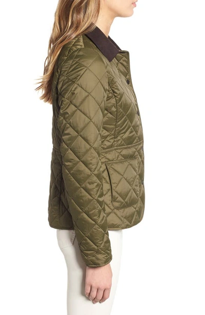Shop Barbour Deveron Diamond Quilted Jacket In Olive/ Pale Pink
