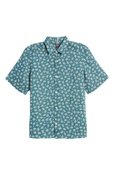 Shop Hugo Boss Lukka Floral Short Sleeve Cotton Button-up Shirt In Open Green