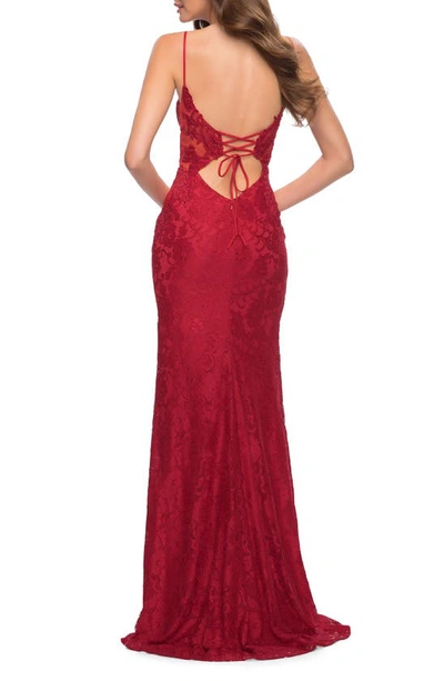 Shop La Femme Sparkle Stretch Lace Open Back Sheath Gown In Red