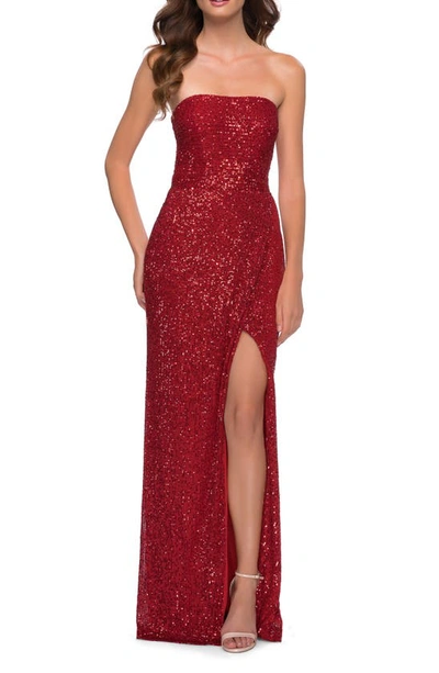 Shop La Femme Strapless Sequin Gown In Red