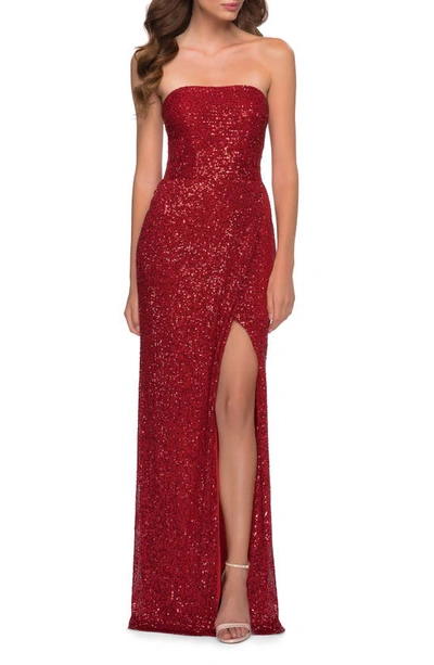 Shop La Femme Strapless Sequin Gown In Red