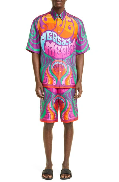 Shop Versace Medusa Music Silk Shorts In Orange Multicolor
