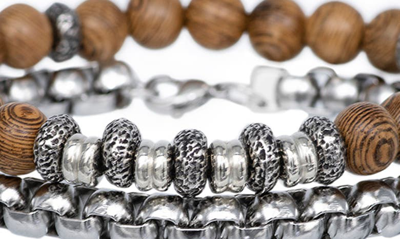 American Exchange Set Of 2 Beaded Stretch Bracelet & Box Chain Bracelet In Beige/ Silver