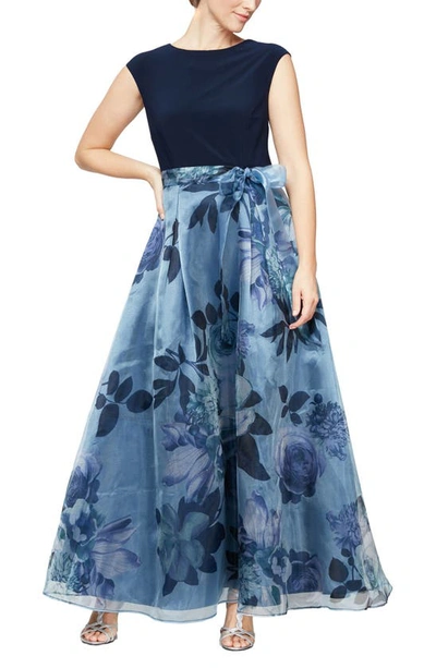 Shop Sl Fashions High Neck Cap Sleeve Solid Top Floral Print Skirt A-line Ballgown In Nav