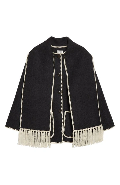 Totême Embroidered Fringe Contrast-trim Scarf Wool Jacket In Dark Grey Melange