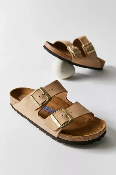 Shop Birkenstock Arizona Soft Footbed Leather Sandal In Sandcastle Nubuck, Women's At Urban Outfitters In Tan