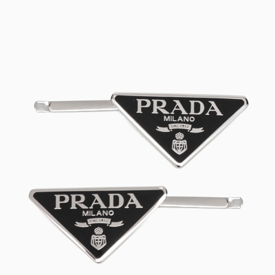 Shop Prada Black Logo Hair Clips