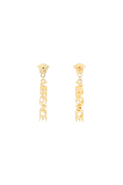 Shop Versace Logo Pendant Earrings In Gold