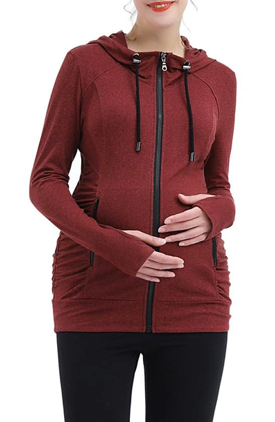 Shop Kimi And Kai Momo Ruched Zip Maternity Hoodie In Maple Red