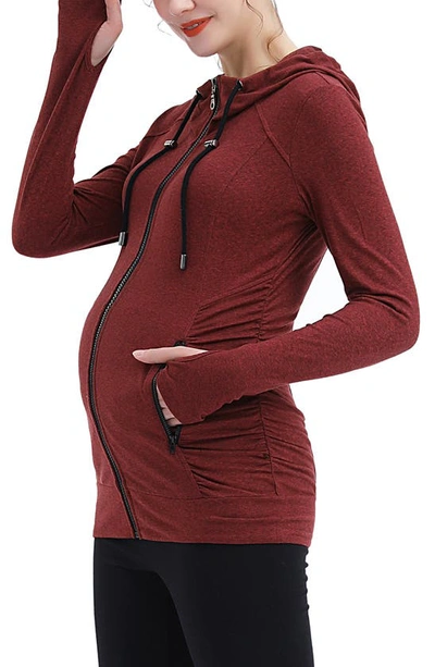 Shop Kimi And Kai Momo Ruched Zip Maternity Hoodie In Maple Red