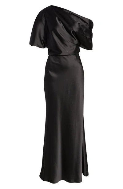 Shop Amsale One-shoulder Fluid Satin Gown In Black