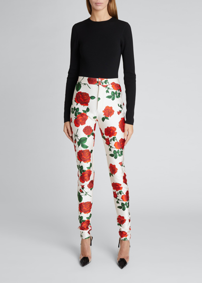Shop Saint Laurent Rose-print Jersey Leggings In White