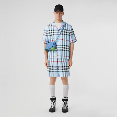 Shop Burberry Check Silk Shorts In Pale Blue