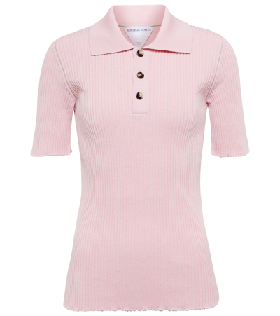 Shop Bottega Veneta Ribbed-knit Linen-blend Polo Shirt In Cotton Candy Washed