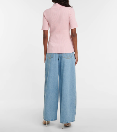 Shop Bottega Veneta Ribbed-knit Linen-blend Polo Shirt In Cotton Candy Washed