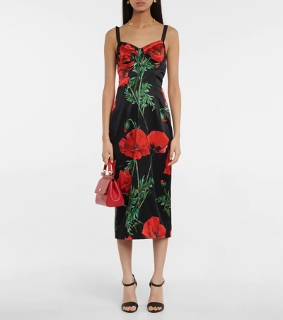 Shop Dolce & Gabbana Floral Silk-blend Satin Midi Dress In Papaveri Fdo.nero