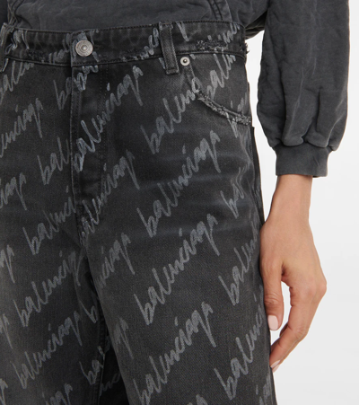 Shop Balenciaga Logo Wide-leg Cropped Jeans In Stonewash Black