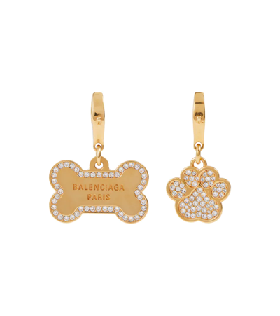 Shop Balenciaga Puppy Embellished Earrings In Gold/crystal