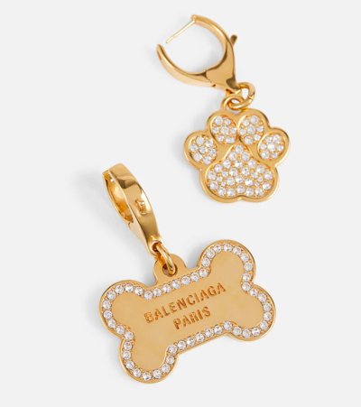 Shop Balenciaga Puppy Embellished Earrings In Gold/crystal