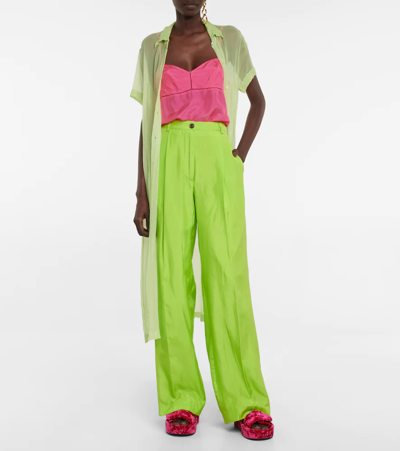Shop Dries Van Noten High-rise Silk-blend Wide-leg Pants In Neon Green