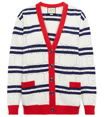 Shop Gucci Gg Perforated Striped Cotton Cardigan In Ivory/blue/red