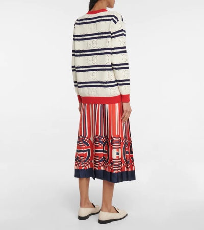 Shop Gucci Gg Perforated Striped Cotton Cardigan In Ivory/blue/red