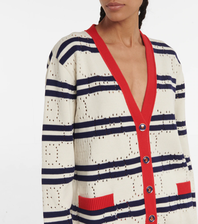 Shop Gucci Gg Perforated Striped Cotton Cardigan In Ivory/blue/red