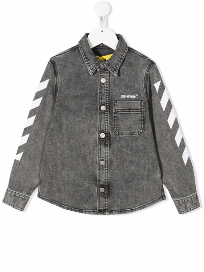 Off-white Rubber Contrast-logo Stretch-denim Shirt 8-10 Years In Black