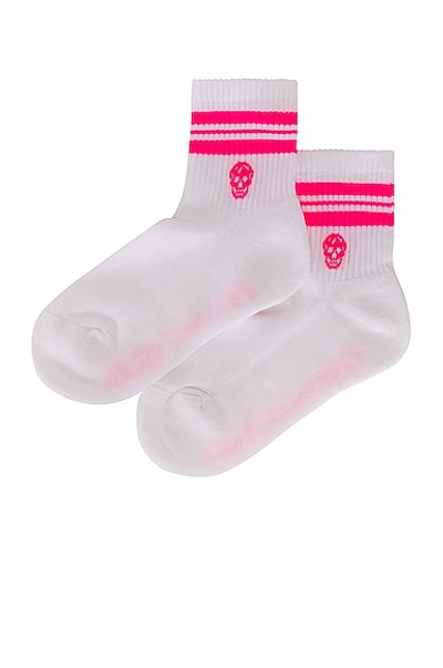 Shop Alexander Mcqueen Stripe Skull Socks In White & Fluo Pink