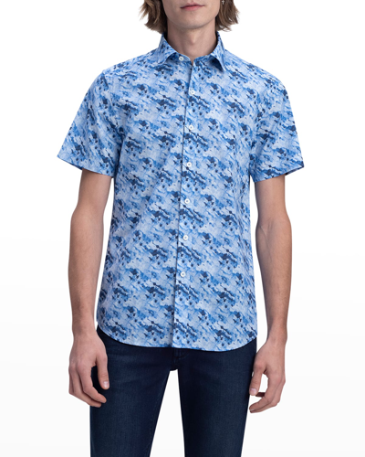 Shop Bugatchi Men's Orson Shaped Short-sleeve Linen Shirt - Watercolor In Classic-blue