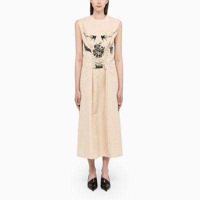 Shop Prada Beige Printed Long Dress With Lacing In White