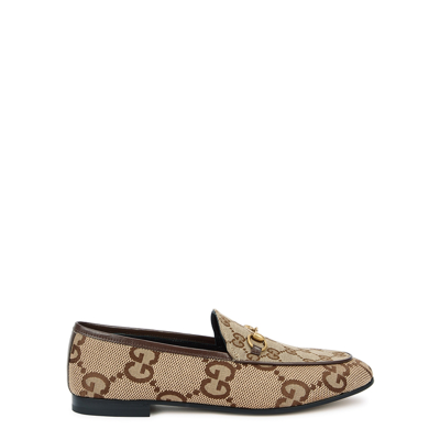 Shop Gucci Jordaan Gg-monogrammed Canvas Loafers In Camel
