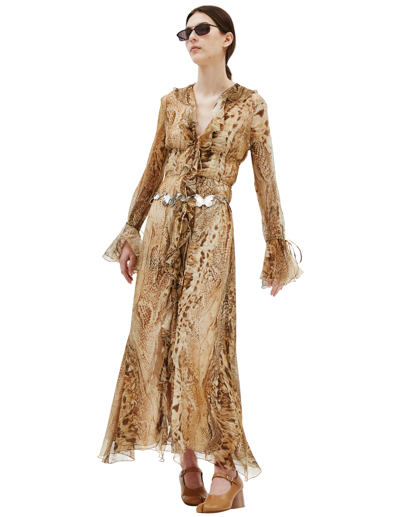 Shop Blumarine Python Print Silk Ruffle Dress In Brown