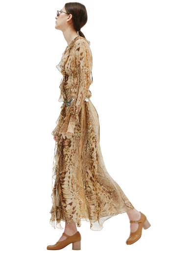 Blumarine Snake Print Silk Crepe Ruffle Midi Dress In Brown