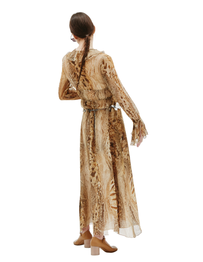 Blumarine Snake Print Silk Crepe Ruffle Midi Dress In Brown