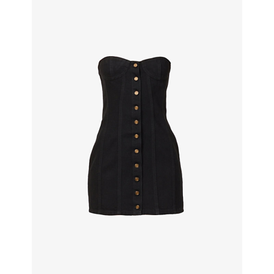 Shop Saint Laurent Strapless Sweetheart-neck Denim Mini Dress In Worn Black