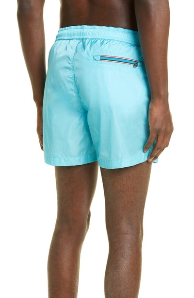 Shop Moncler Logo Patch Swim Trunks In Teal