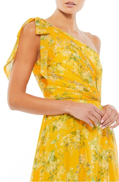Shop Mac Duggal One-shoulder Floral Print Chiffon A-line Gown In Yellow Multi