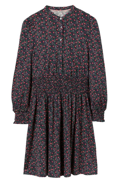 Shop Boden Smocked Button Front Long Sleeve Cotton Blend Dress In Navy Flora Berry