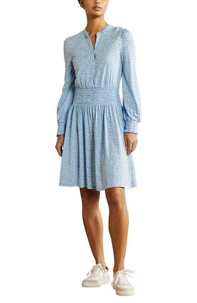 Shop Boden Smocked Button Front Long Sleeve Cotton Blend Dress In Dusty Blue Leaf