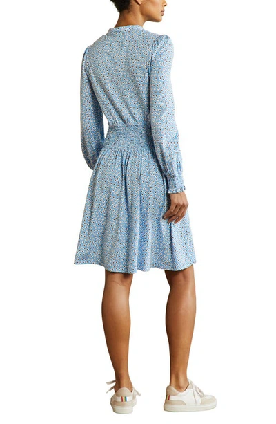Shop Boden Smocked Button Front Long Sleeve Cotton Blend Dress In Dusty Blue Leaf