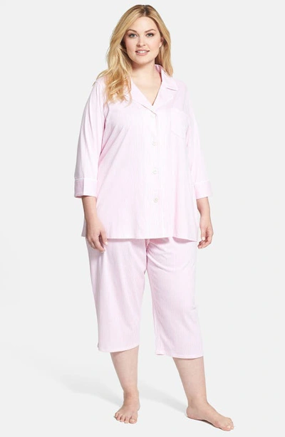 Shop Lauren Ralph Lauren Knit Crop Pajamas In Lagoon Pink/ White Stripe