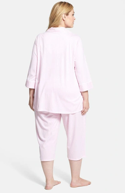 Shop Lauren Ralph Lauren Knit Crop Pajamas In Lagoon Pink/ White Stripe